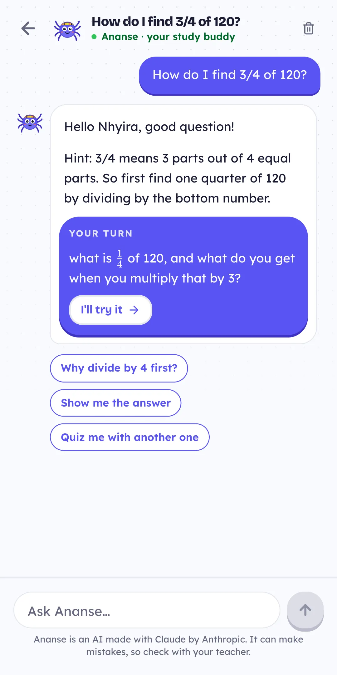 Ananse the tutor explaining a question step by step