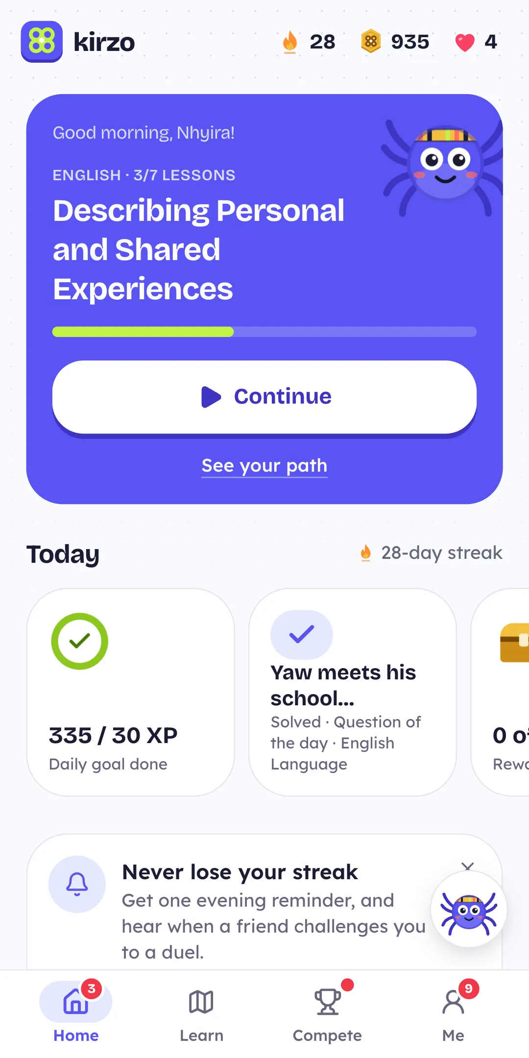 The Kirzo home screen with a lesson to continue, a 28-day streak and today's goals