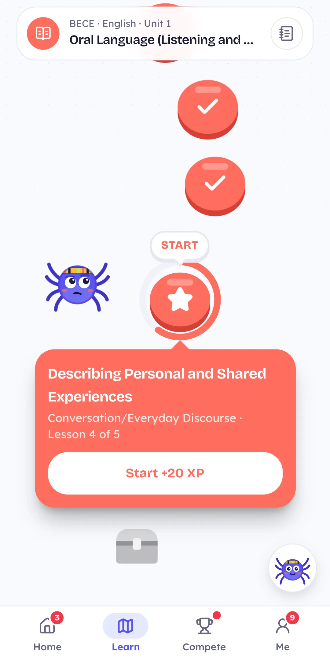 A subject's learning path in the Kirzo app